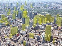 施工実績数は3000棟以上!上空から都心を見渡せば、同社のコンクリート外壁が使われているビルをたくさん見つけることができます!(写真黄色部分は東京駅付近の同社施工建物です)